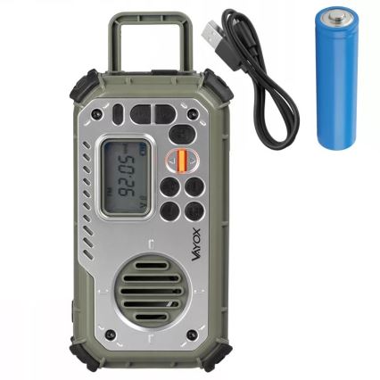 Kampirski radio z ročico, sončnim panelom in LED svetilko s funkcijo powerbanke 5V/3xAAA/2000 mAh IPX4 zelena