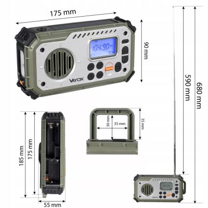 Kampirski radio z ročico, sončnim panelom in LED svetilko s funkcijo powerbanke 5V/3xAAA/2000 mAh IPX4 zelena