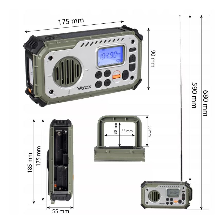Kampirski radio z ročico, sončnim panelom in LED svetilko s funkcijo powerbanke 5V/3xAAA/2000 mAh IPX4 zelena