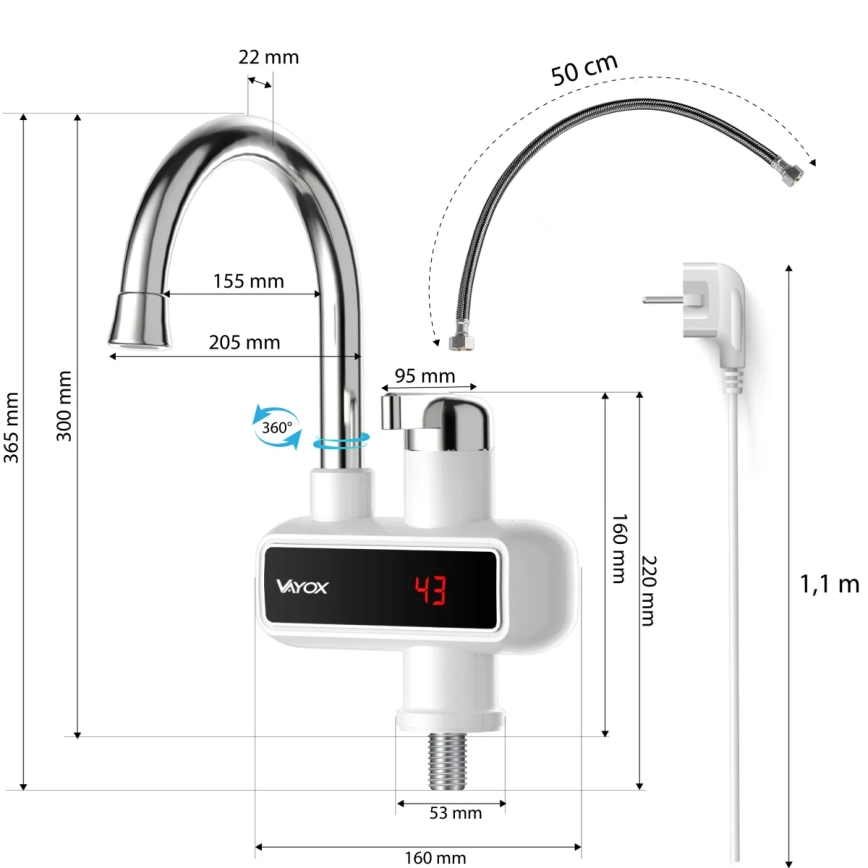 Pretočni bojler z LED zaslonom 3000W/230V IPX4 bela