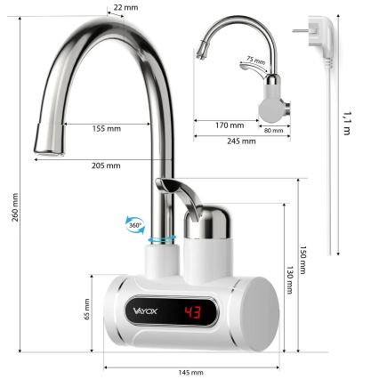 Pretočni bojler z LED zaslonom 3000W/230V IPX4 bela