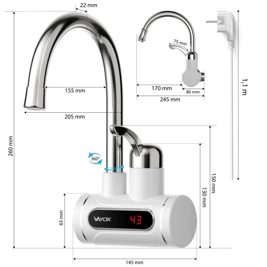 Pretočni bojler z LED zaslonom 3000W/230V IPX4 bela
