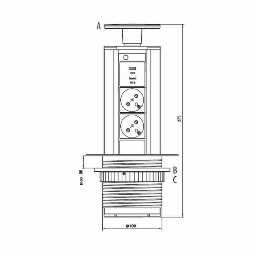 Priključna vtičnica za namizno ploščo 2x230V +USB-A 3,1A +UBS-C 15,5W 230V
