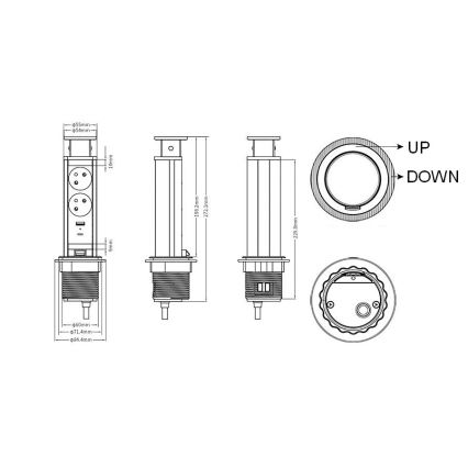 Priključni vtični stolpec za namizno ploščo 2x230V + USB-A + USB-C