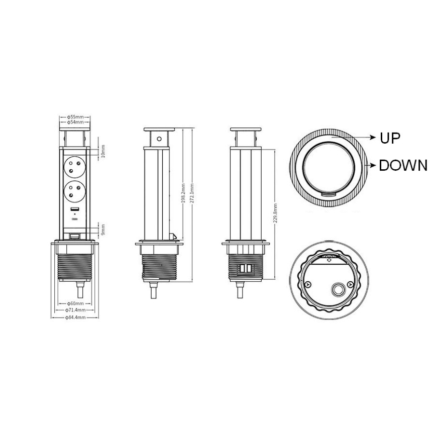 Priključni vtični stolpec za namizno ploščo 2x230V + USB-A + USB-C