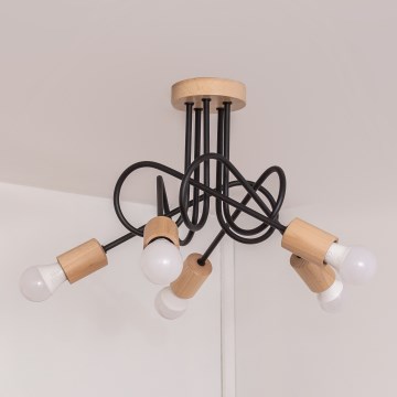 Prilepljen stropni lestenec OXFORD 5xE27/15W/230V borovina/črna