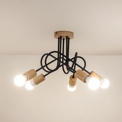 Prilepljen stropni lestenec OXFORD 5xE27/15W/230V borovina/črna