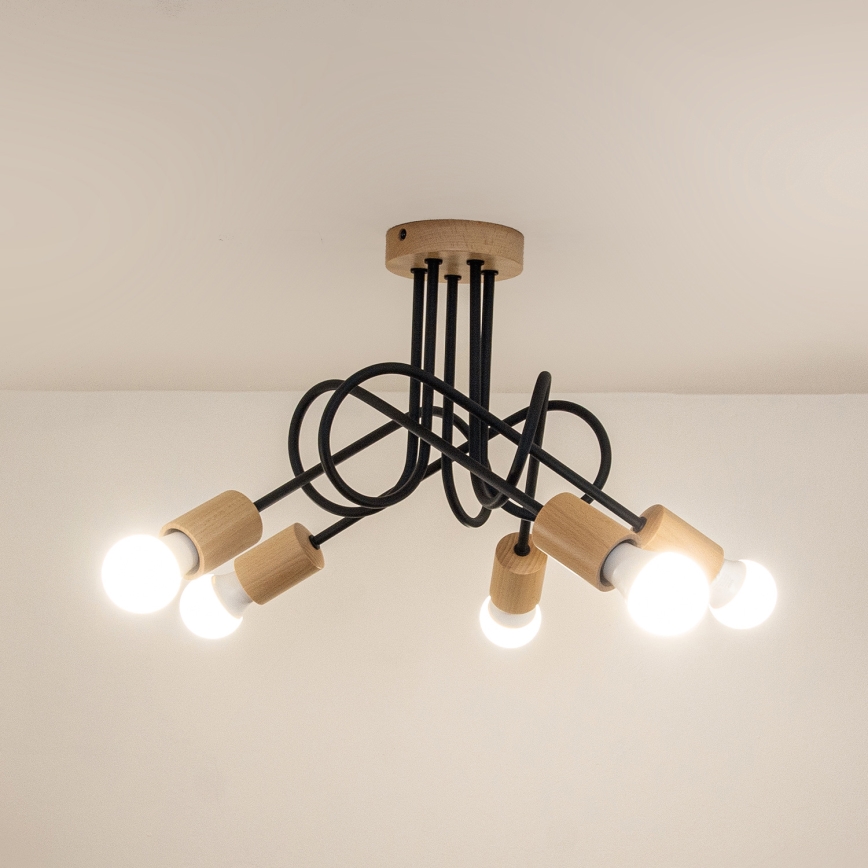 Prilepljen stropni lestenec OXFORD 5xE27/15W/230V borovina/črna