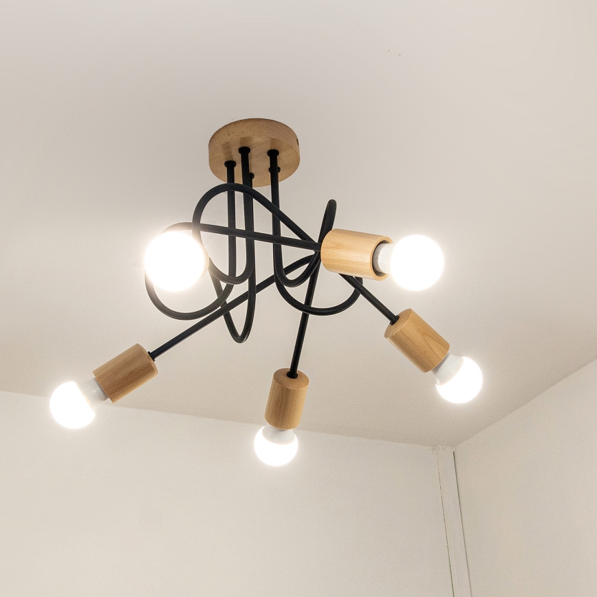 Prilepljen stropni lestenec OXFORD 5xE27/15W/230V borovina/črna