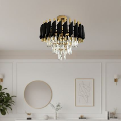 Pritrjen lestenec CRISTAL 5xE14/10W/230V črna/zlata
