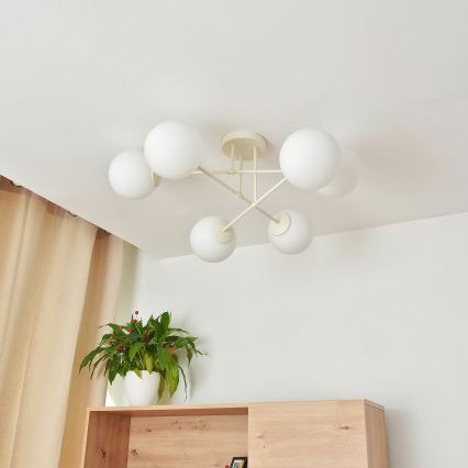 Pritrjen lestenec MOON 6xE27/15W/230V v krem barvi