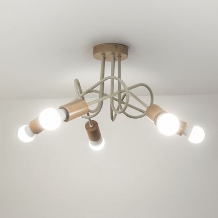 Pritrjen lestenec OXFORD 5xE27/15W/230V borovina/krem