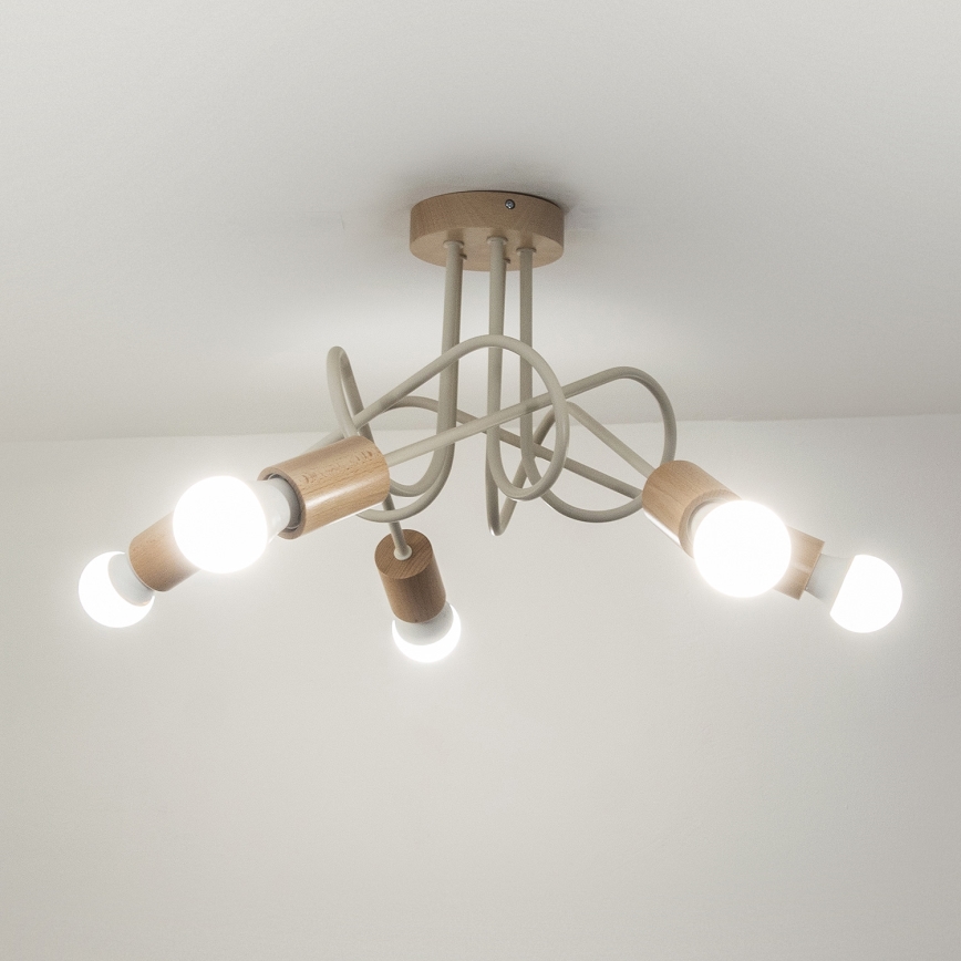 Pritrjen lestenec OXFORD 5xE27/15W/230V borovina/krem