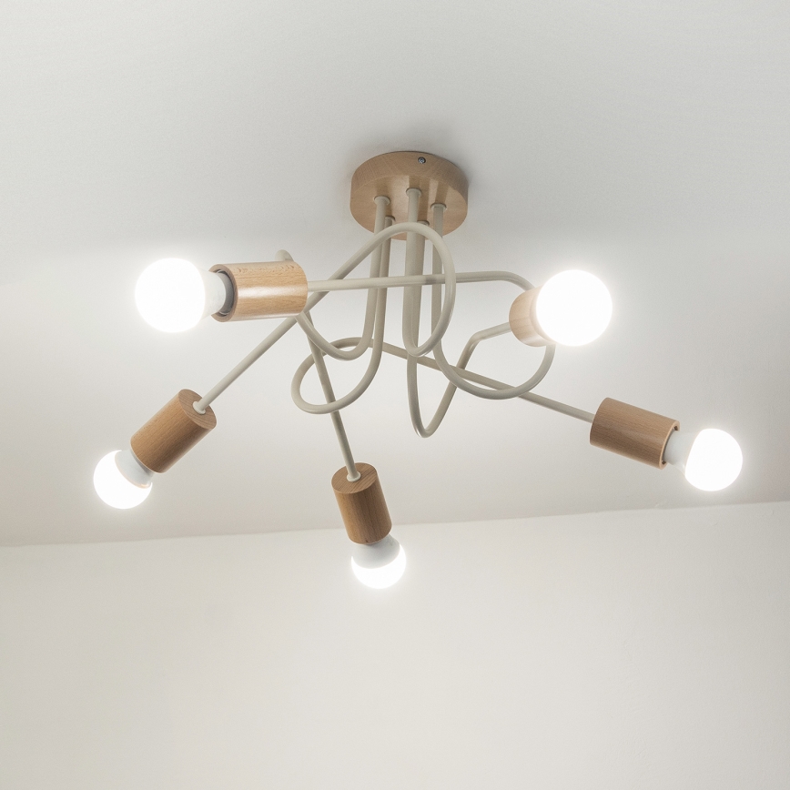 Pritrjen lestenec OXFORD 5xE27/15W/230V borovina/krem