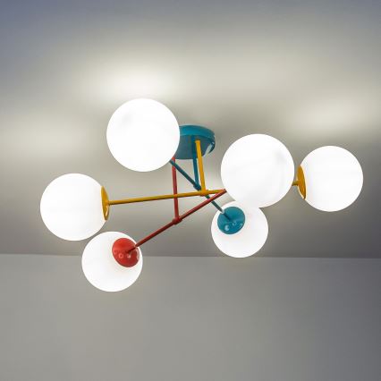 Pritrjen stropni lestenec MOON 6xE27/15W/230V turkizna/rumena/rdeča