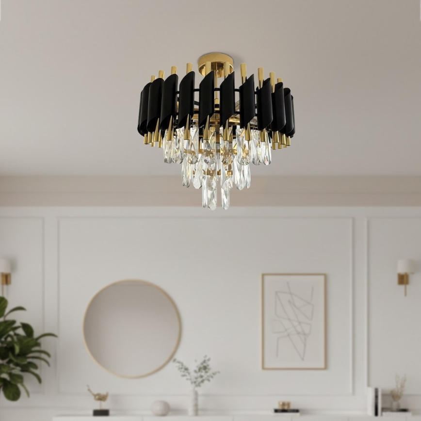 Pritrjena stropna svetilka CRISTAL 5xE14/10W/230V, premer 38 cm, črna/zlata