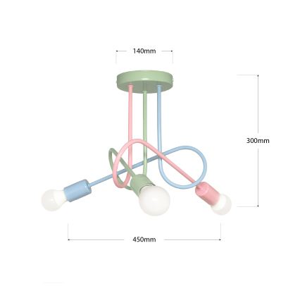 Pritrjena stropna svetilka OXFORD 3xE27/15W/230V zelena/rožnata/modra