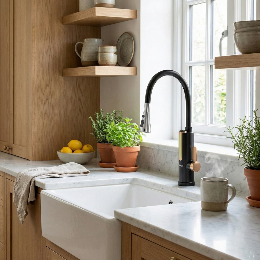 Protočni grelnik vode z LED zaslonom 3000W/230V IPX4 črna/zlata