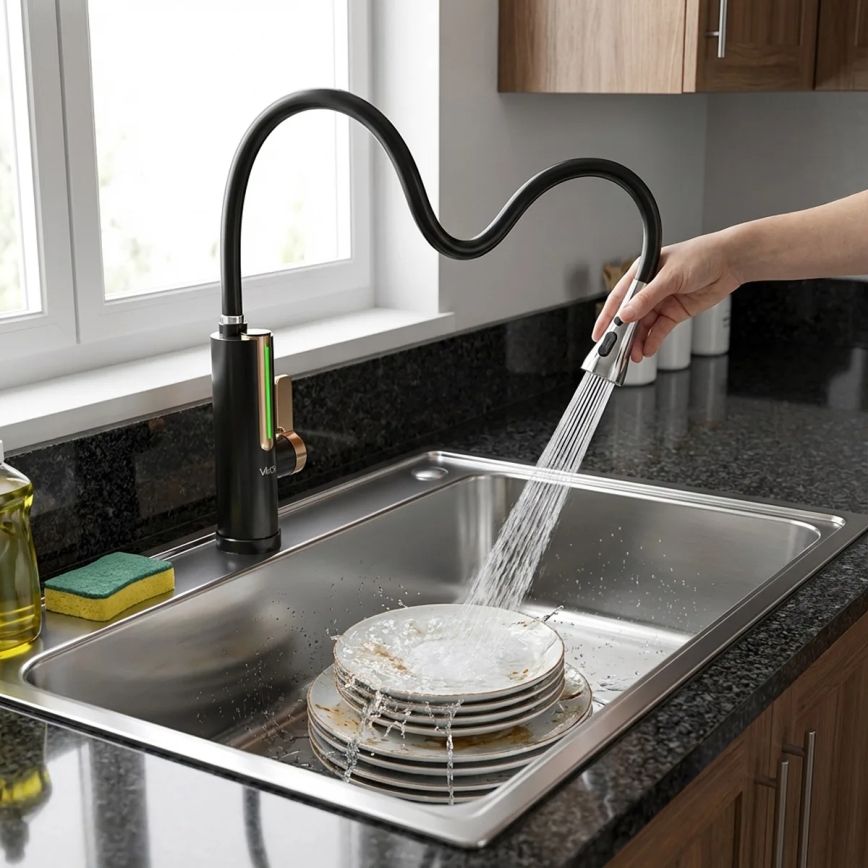 Protočni grelnik vode z LED zaslonom 3000W/230V IPX4 črna/zlata