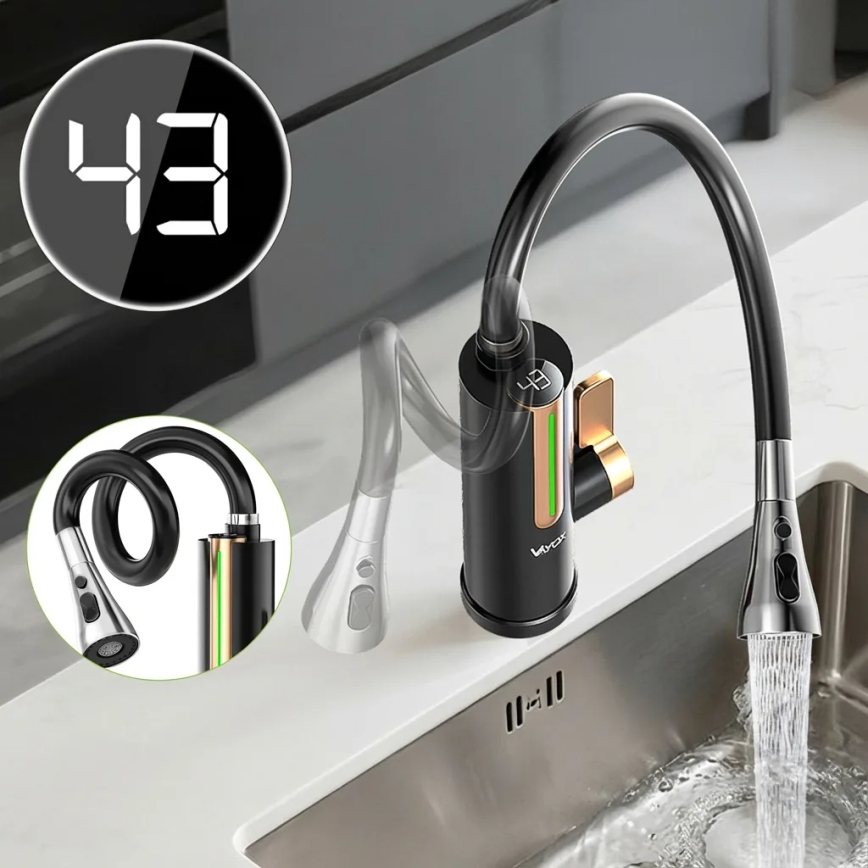 Protočni grelnik vode z LED zaslonom 3000W/230V IPX4 črna/zlata