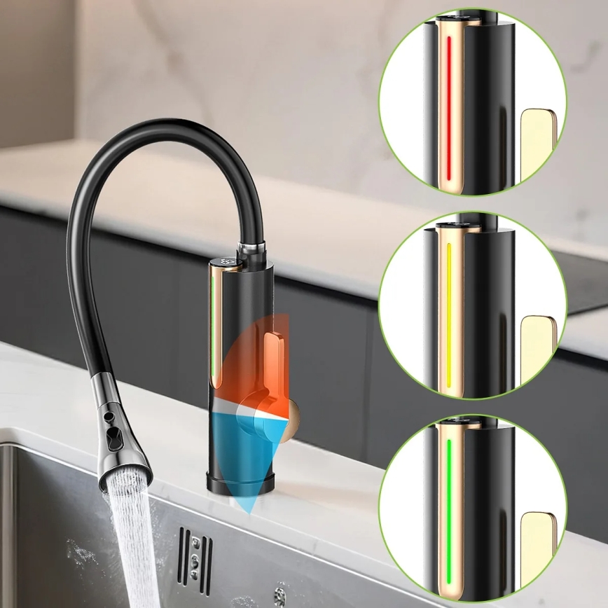 Protočni grelnik vode z LED zaslonom 3000W/230V IPX4 črna/zlata