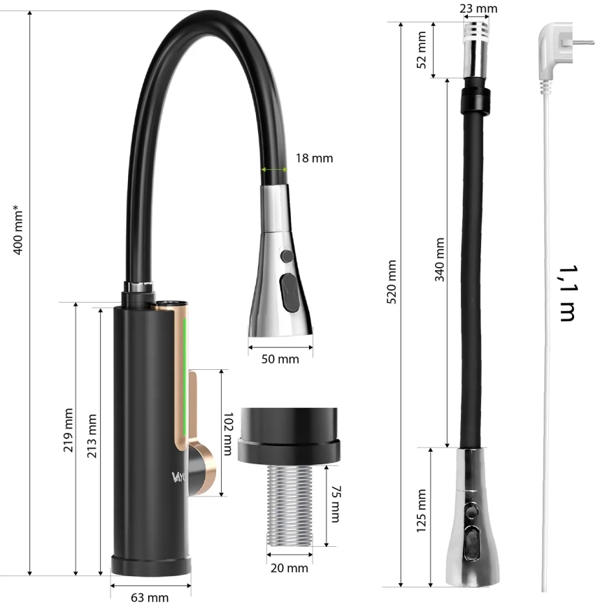 Protočni grelnik vode z LED zaslonom 3000W/230V IPX4 črna/zlata