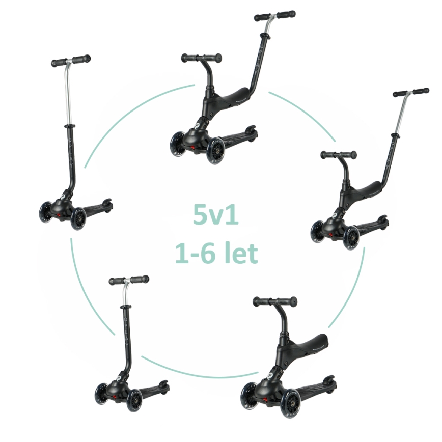 QPlay - Otroški skiro s LED kolesci 5 v 1 SEMA PRO črn