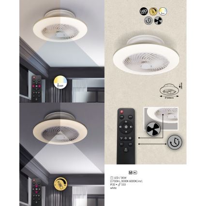 Rabalux - LED Zatemnitvena stropna svetilka z ventilatorjem DALFON LED/36W/23 3000-6000K + Daljinski upravljalnik