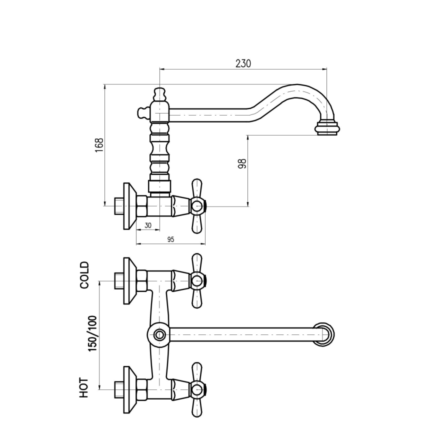 RAV Slezák MK102.5/28SM - Mešalnik za pomivalno korito/umivalnik MORAVA RETRO 16,8 cm stara medenina