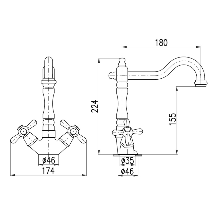 RAV Slezák MK121.0/8SM - Mešalnik za pomivalno korito/umivalnik + izliv MORAVA RETRO 22,4 cm, stara medenina