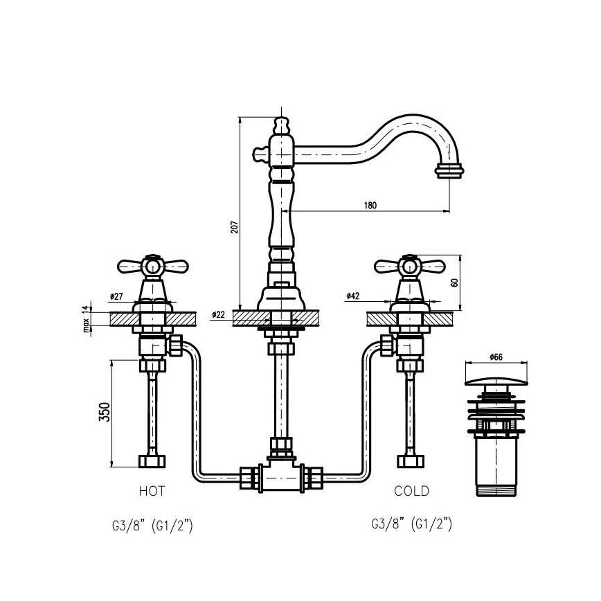 RAV Slezák MK132.0SM - pipa za umivalnik + odtokna garnitura MORAVA RETRO, starinska medenina