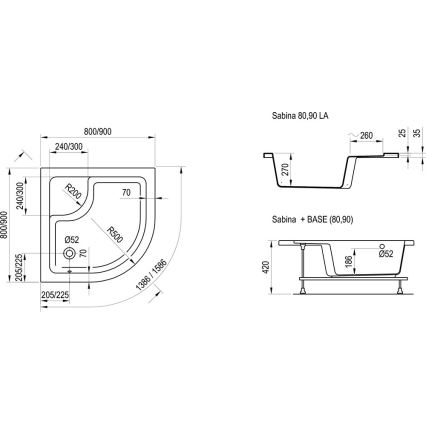 Ravak A217001020 - četrtkrožno tuš korito SABINA 90x90 cm belo