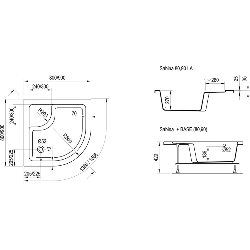Ravak A217001020 - četrtkrožno tuš korito SABINA 90x90 cm belo