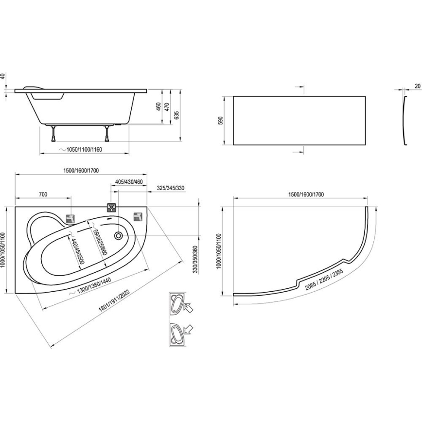 Ravak C451000000 - Kotna kad ASYMMETRIC 150x100 cm akril/bela
