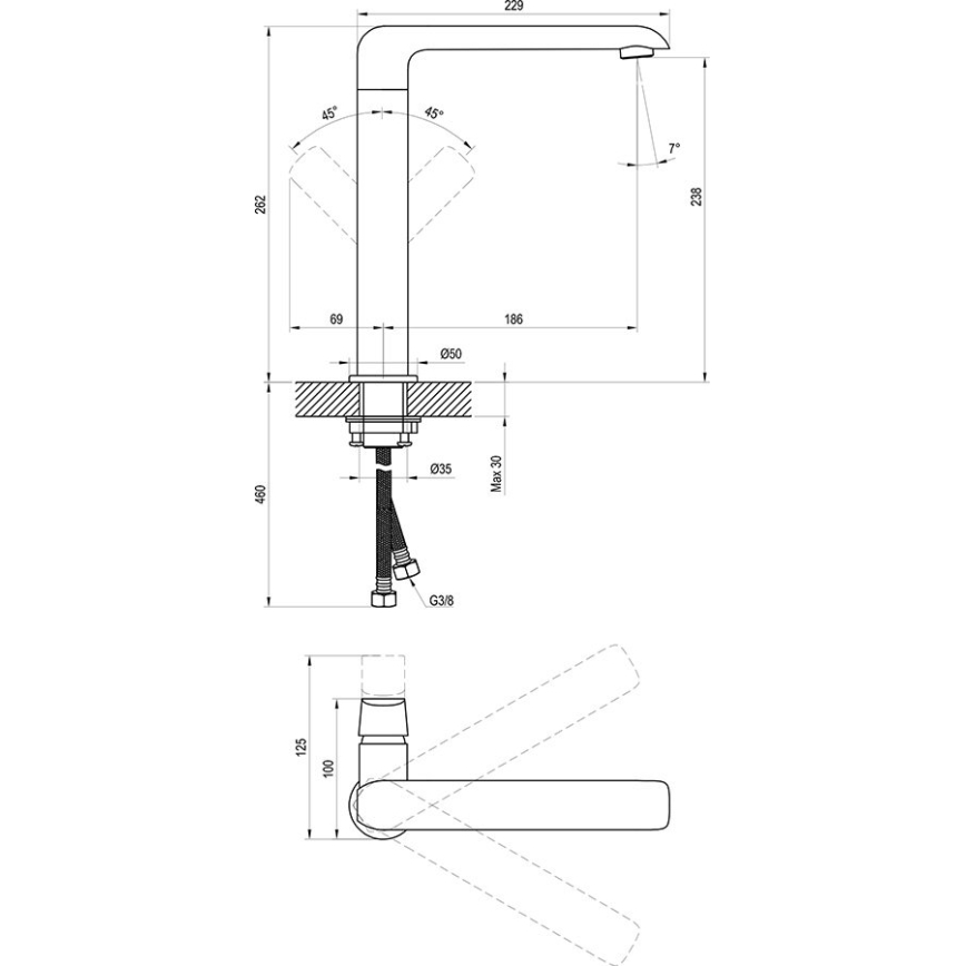 Ravak X070174 - Pipa za umivalnik/kuhinjsko korito FLAT 26,2 cm matna črna