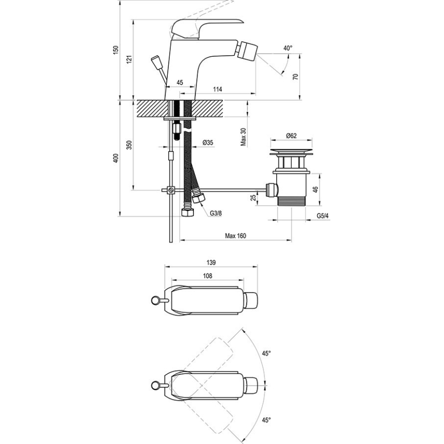 Ravak X070178 - Pipa za bide FLAT mat črna