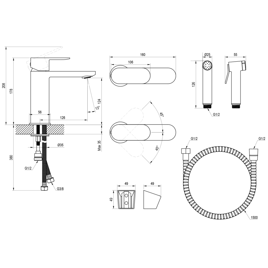 Ravak X070462 - Umivalniška baterija z bidetnim tušem CHROME črna