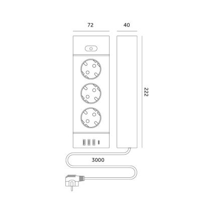 Razdelilna energijska vtičnica z gumbom LINEA PRO 3x230V + 3xUSB-A + 1xUSB-C SCHUKO 3 m črna