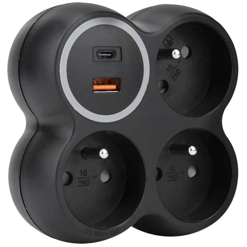 Razdelilna vtičnica 3x 15A USB A+C črna