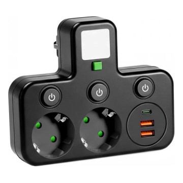 Razdelilna vtičnica s stikalom in LED osvetlitvijo LINEA PRO 2Z + 3xUSB A/C SCHUKO 4000K črna