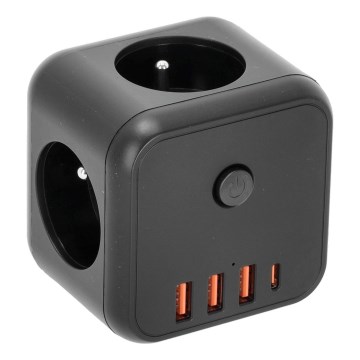 Razdelilna vtičnica s stikalom LINEA 3x230V + 4xUSB A/C črna