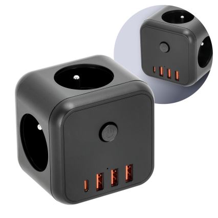 Razdelilna vtičnica s stikalom LINEA 3x230V + 4xUSB A/C črna