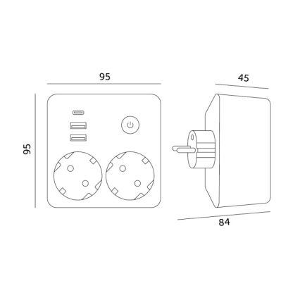 Razdelilna vtičnica z vklopnim stikalom LINEA 2x230V + 3xUSB A/C SCHUKO bela