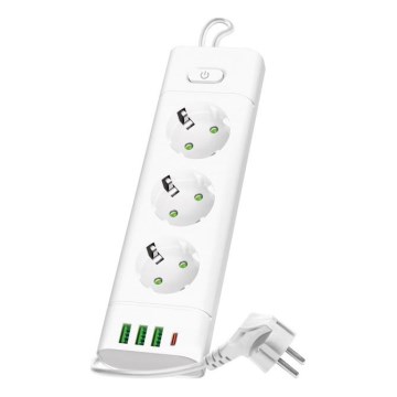 Razdelilna vtičnica z zaščito LINEA PRO 3x230V + 3xUSB-A + 1xUSB-C SCHUKO 3 m bela