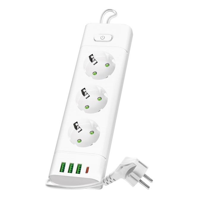 Razdelilna vtičnica z zaščito LINEA PRO 3x230V + 3xUSB-A + 1xUSB-C SCHUKO 3 m bela