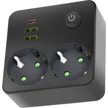 Razdelilnik vtičnic LINEA z vklopnim stikalom — 2×230 V + 3× USB A/C, SCHUKO, črna