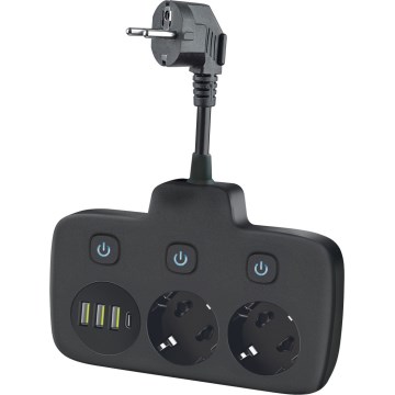 Razdelilnik vtičnic s stikalom LINEA 2x230V + 4xUSB A/C črna