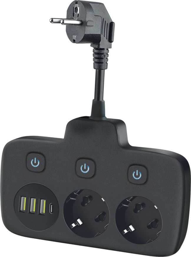 Razdelilnik vtičnic s stikalom LINEA 2x230V + 4xUSB A/C črna