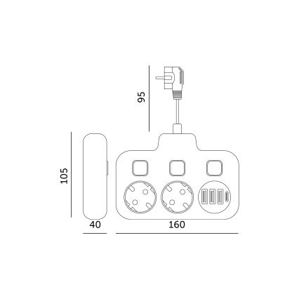 Razdelilnik vtičnic s stikalom LINEA 2x230V + 4xUSB A/C črna