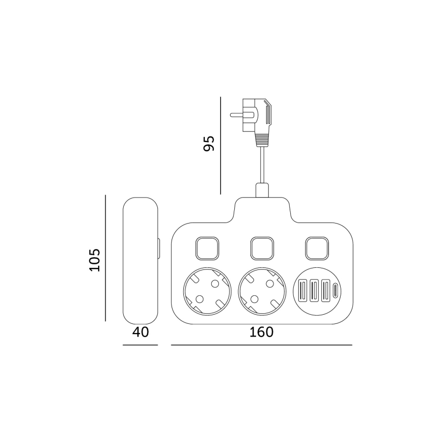 Razdelilnik vtičnic s stikalom LINEA 2x230V + 4xUSB A/C črna